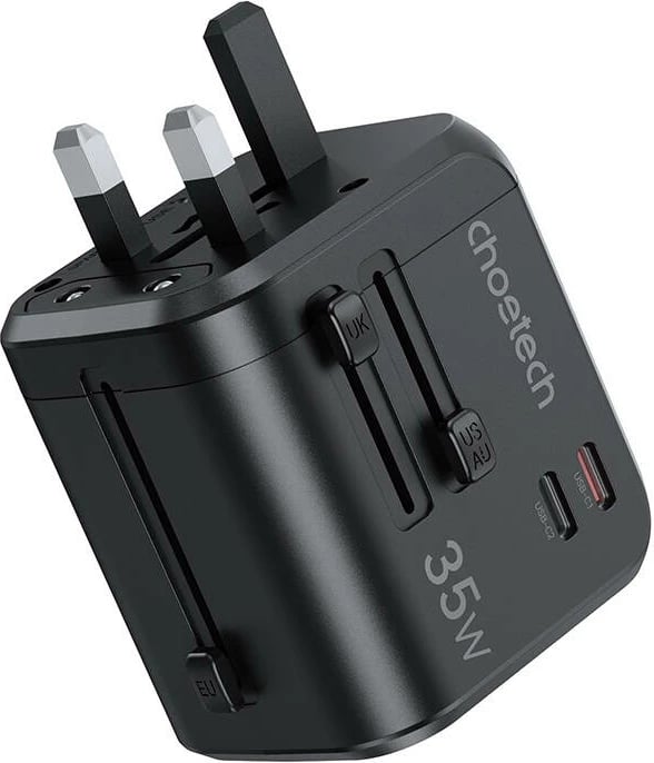 Karikues udhëtimi Choetech PD5008, 35W, 3xUSB-A, 2xUSB-C, GaN, US/EU/UK/AU, zi