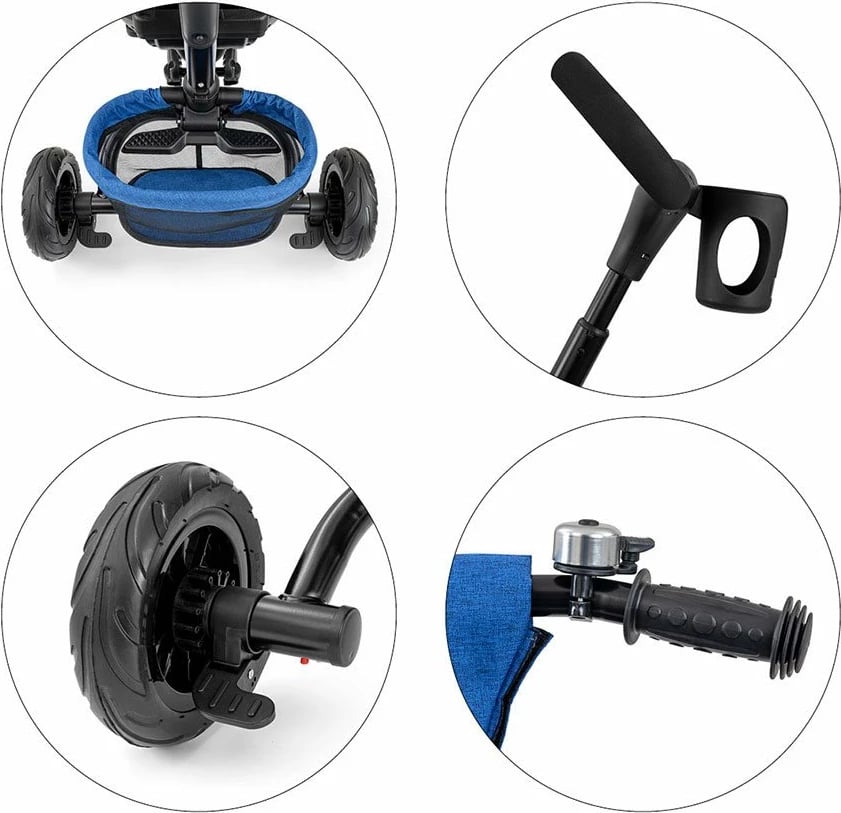 Tricikël me shufër drejtuese, Milly Mally Stanley 6-in-1, sedilje rrotulluese 360°, rrota gome, dorezë shtytëse e rregullueshme, canopy palosës, shportë – blu-zi