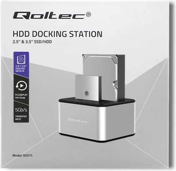 Stacion dokimi Qoltec 50316 për 2x HDD/SSD, USB 3.0, klonim offline, argjend