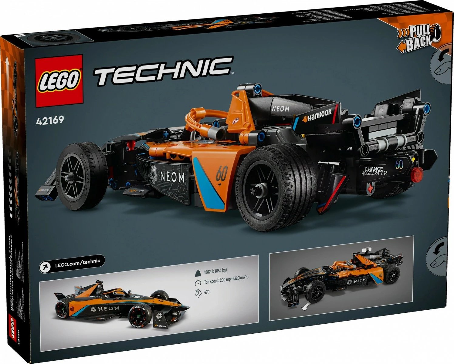 Set LEGO Technic NEOM McLaren Formula E Race Car 42169, 452 pjesë, pull-back, për fëmijë 9+, portokalli/zezë