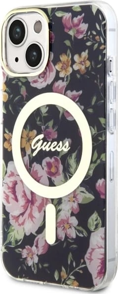 Mbështjellës Guess GUHMP14MHCFWSK për iPhone 14 Plus 6.7", Flower MagSafe, zi