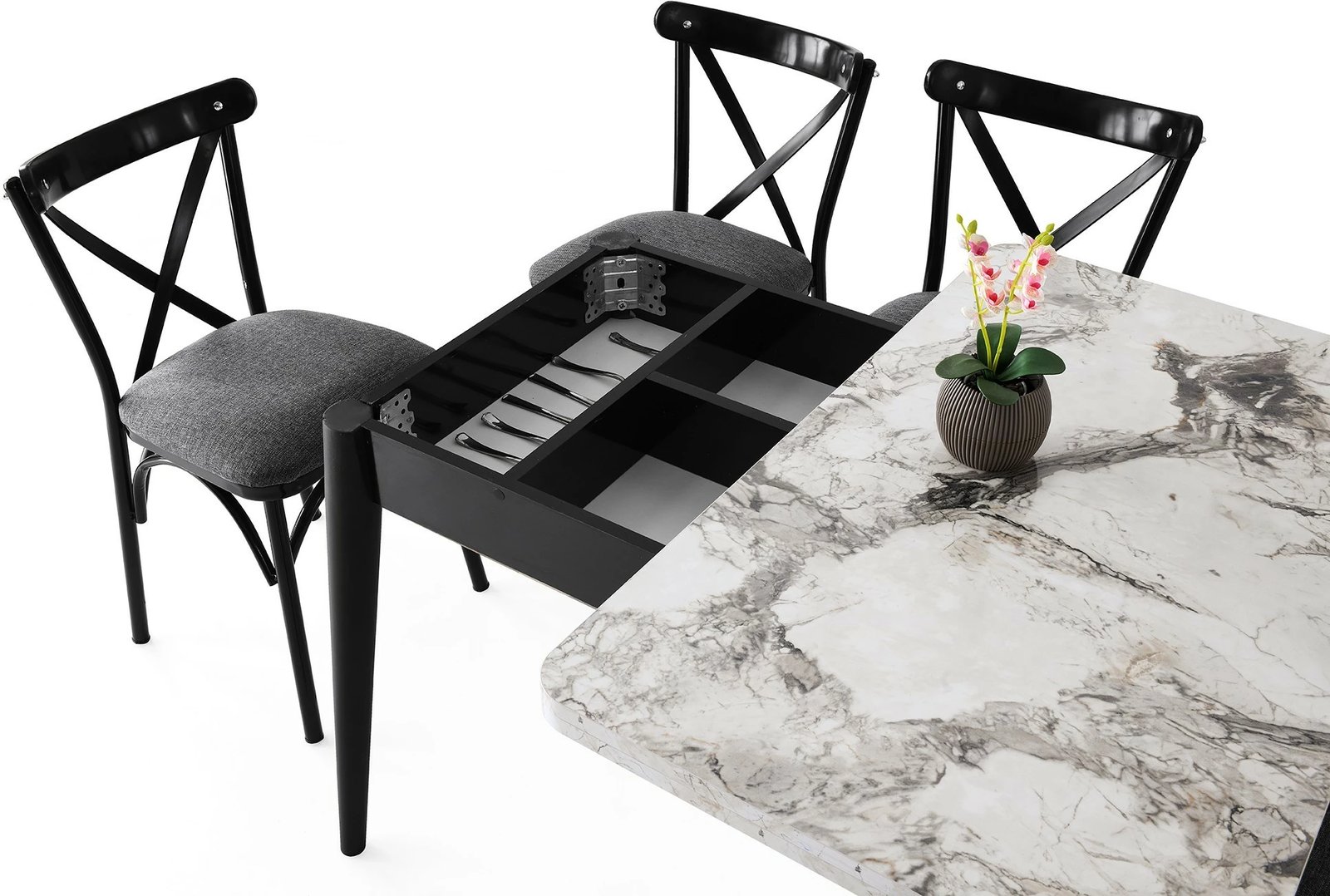 Tavolinë zgjeruese për ngrënie, ngjyrë mermeri të bardhë, Dolunay - 1281