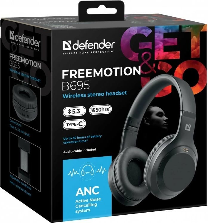 Kufje pa tela Defender Freemotion B695 me ANC, Bluetooth 5.4, të zeza