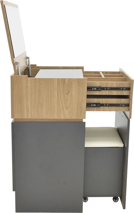 Tavolinë grimi Sonlen, ngjyrë gri e errët-dru arre i çelët, me pasqyrë dhe stol, 60x45x122cm