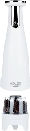 Mulli elektrik për kripë e piper, Adler AD 4449, 3 bluarsë të këmbyeshme, rregullim imtësie, 150 ml, bateri 1500mAh, USB‑C, e bardhë mat, set