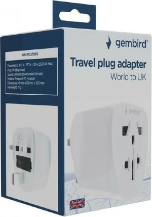 adapter udhëtimi rryme, Gembird A-AC-UKMINTF, World → UK, 10A, prizë G e tokëzuar, e bardhë