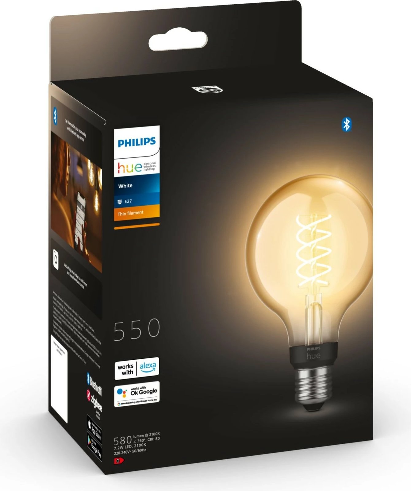 Llambë smart Philips Hue G93 E27 Filament, Bluetooth/Zigbee, LED, Transparent