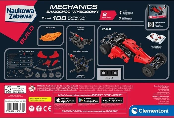 Set ndërtimi Clementoni Laboratory of Mechanics Race Car, 2 modele, plastikë, për fëmijë, i kuq