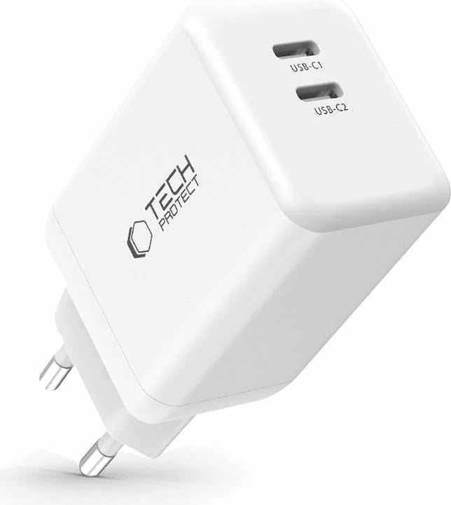 Karikues Tech-Protect NC45W-GAN me 2 porta USB-C, 45W, Bardhë