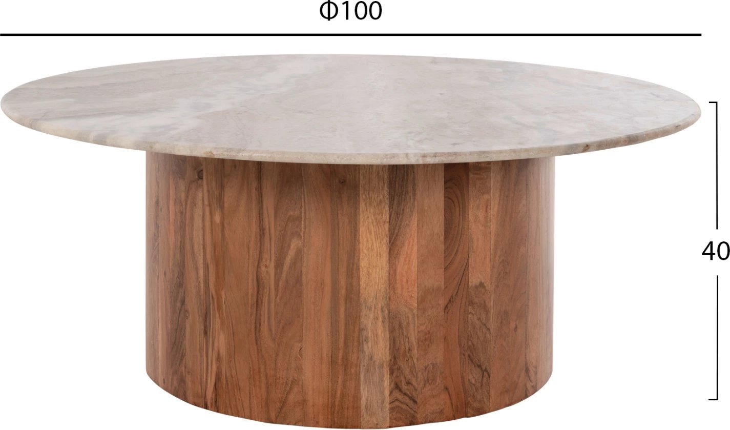 Tavolinë kafeje FORMEL FH9671 dru akacie, sipërfaqe mermeri natyrale, Φ100x40Hcm
