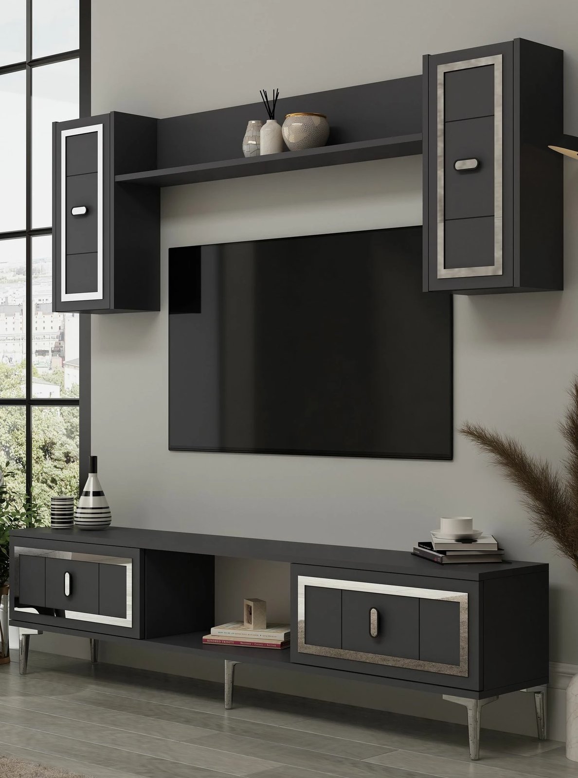 Komodë TV Skye Decor, orion, antracit, argjend