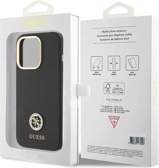 Mbështjellës Guess Silicone Logo Strass 4G për iPhone 15 Pro, i zi