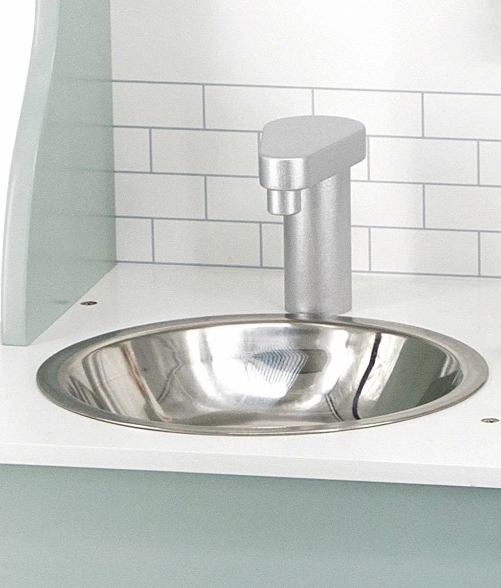 Kuzhinë loje prej druri, Viga, me lavaman metalik, furrë dhe sobë me 2 rrema, me ora dhe butona rrotullues, ngjyrë mint, set me aksesorë