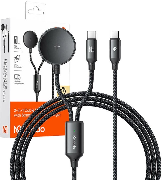 Kabllo 2-në-1 Mcdodo CA-4210 USB-C + karikues për Samsung Watch, 60W, 1.2m, e zezë