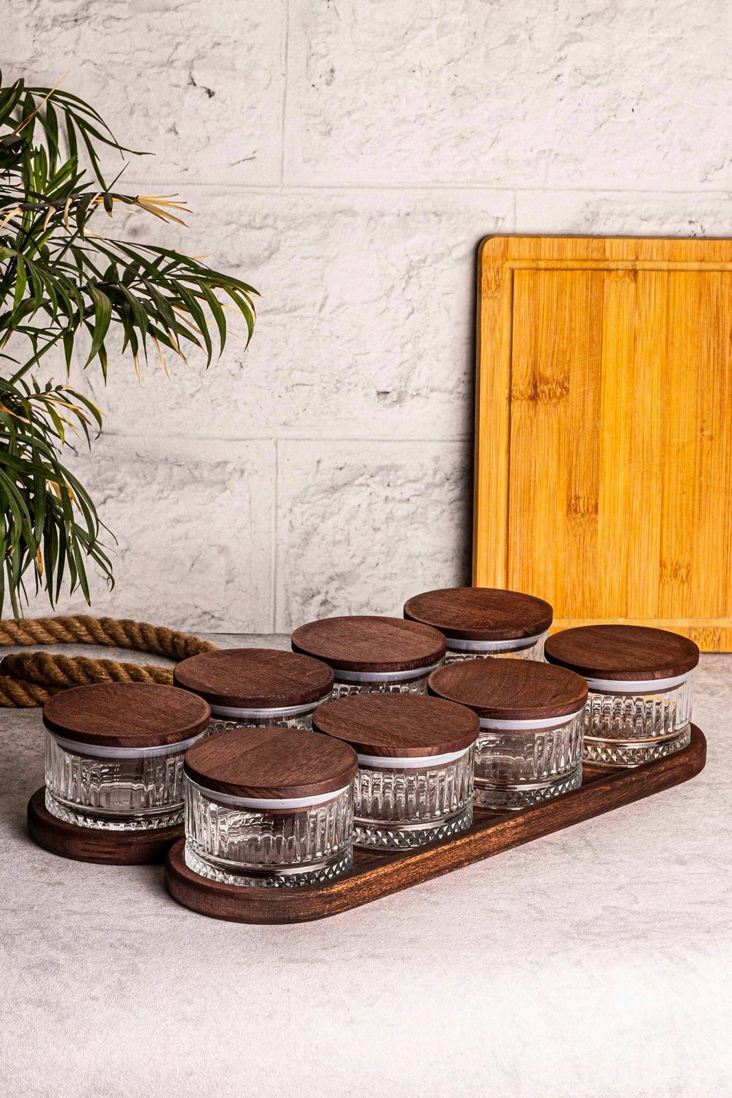 Set tasash prej xhami me kapakë druri, 18 copë, Hermia Concept, Bella 10