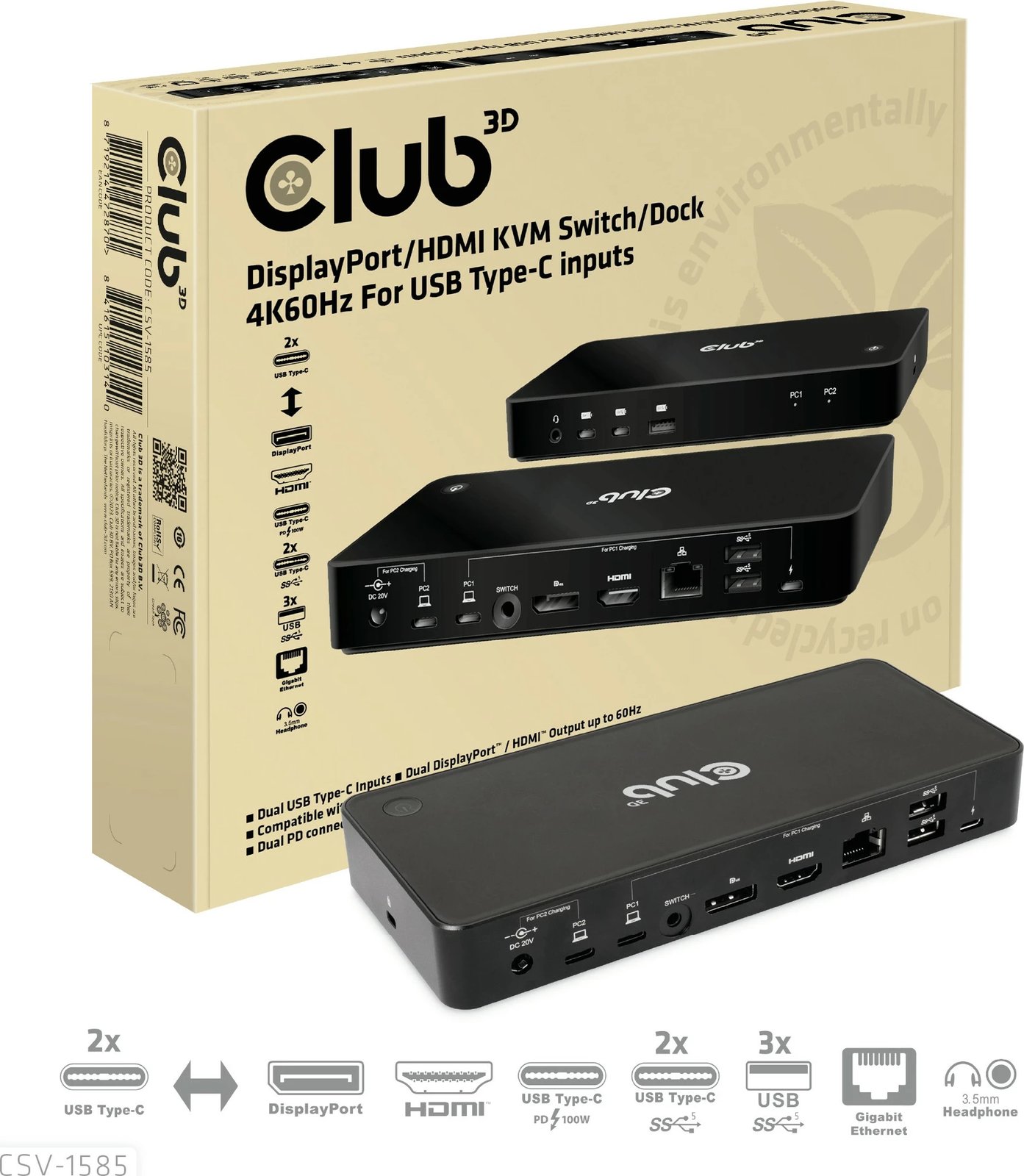 Switch KVM Club3D CSV-1585, 2x USB-C, 4K60Hz, HDMI, DisplayPort, i zi