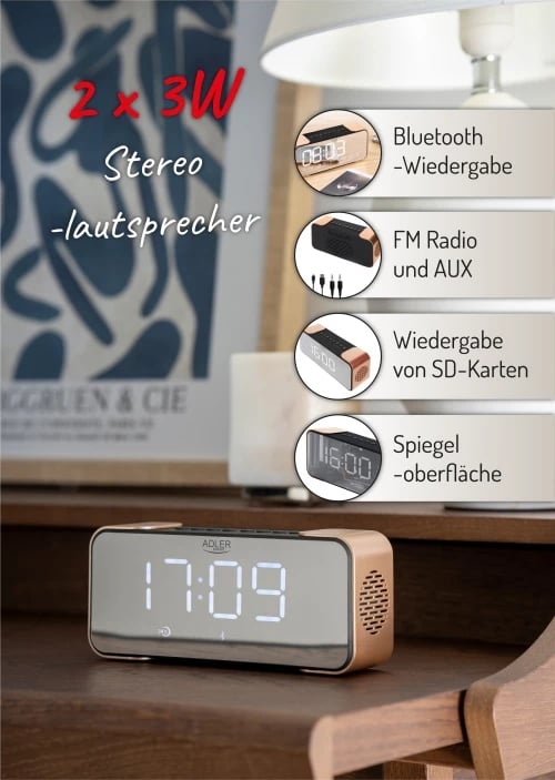 Orë alarmi me radio dhe Bluetooth, Adler AD 1190, stereo 2x3W, USB/SD/AUX, bateri 2600 mAh, ekran pasqyrë LCD i bardhë, e zezë/ngjyrë bakri