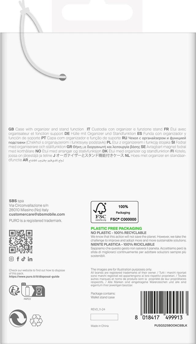 Mbështjellës Puro Booklet Case me kapak dhe portofol për Samsung Galaxy S25+, i zi
