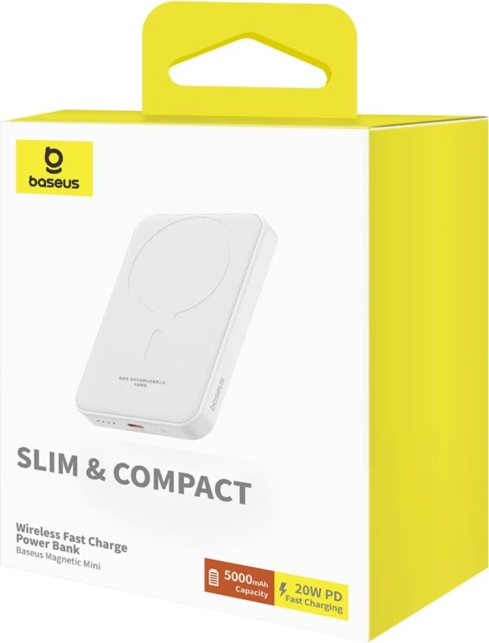 Power bank Baseus Magnetic Mini 5000mAh, 20W, me kabllo USB-C, Bardhë