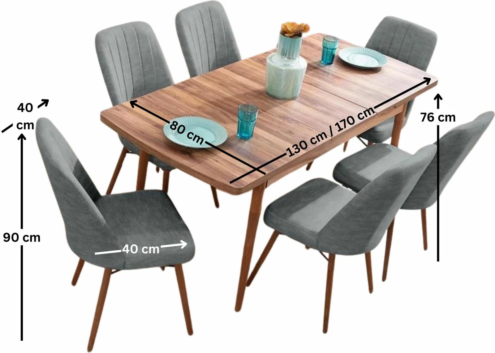 Tavolinë me karrige, zgjatshme, 7 copë, Skye Decor, Lidyana, ngjyrë gri