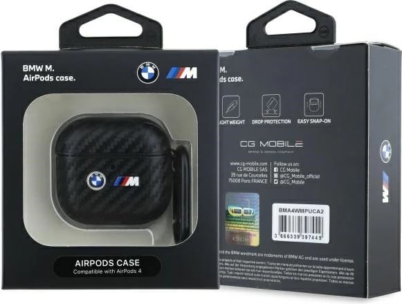 Mbështjellës BMW Carbon Double Metal Logo për AirPods 4, i zi