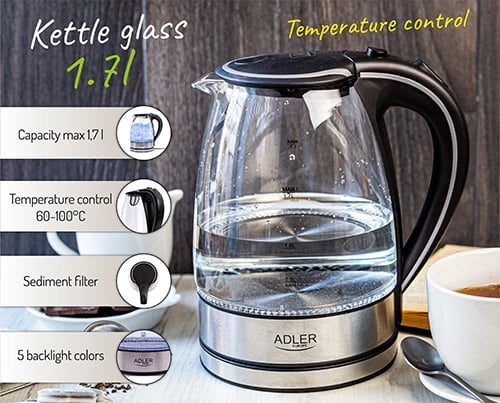 Çajnik elektrik, Adler AD 1225, 1.7 L, qelq, 1850–2200W, bazë 360°, ndriçim LED, filtër sedimenti, e zezë