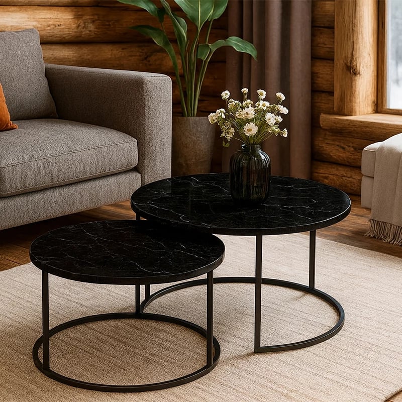 Set tavolina ndihmëse për sallon, efekt mermeri i zi, këmbë metalike të zeza, 2 copë