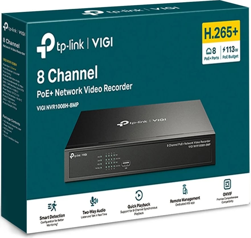 Regjistrues rrjeti video TP-LINK VIGI NVR1008H-8MP, 8 kanale, PoE+, i zi