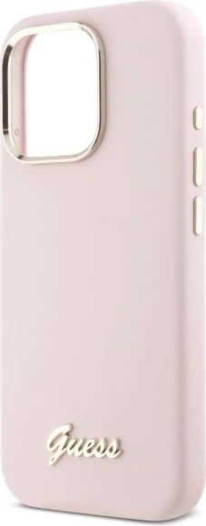 Mbështjellës Guess Silicone Script Metal Logo & Frame për iPhone 16 Pro Max, Rozë