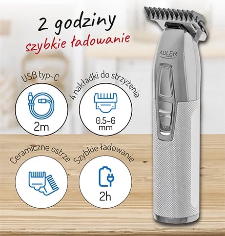 Makinë rroje trimmer Adler AD 2836, bateri 1400 mAh, teh qeramik me veshje titan gri, USB‑C, gjatësia pa kapak 0.9 mm, argjendtë, set me 4 krehra