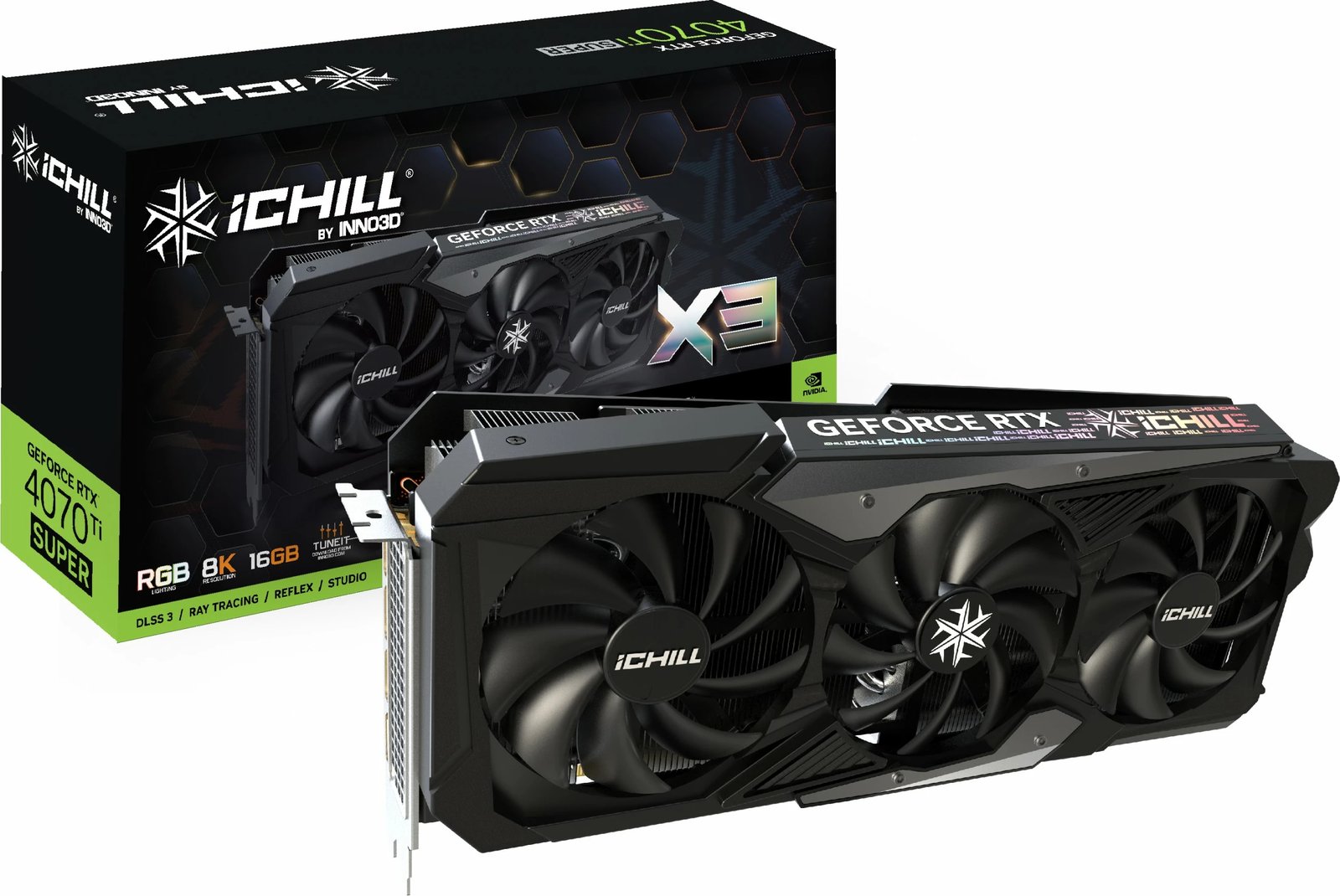 Kartelë grafike Inno3D iChill GEFORCE RTX 4070 Ti SUPER X3, 16 GB, GDDR6X, PCI Express x16 4.0, Blu, Gjelbër, Kuq