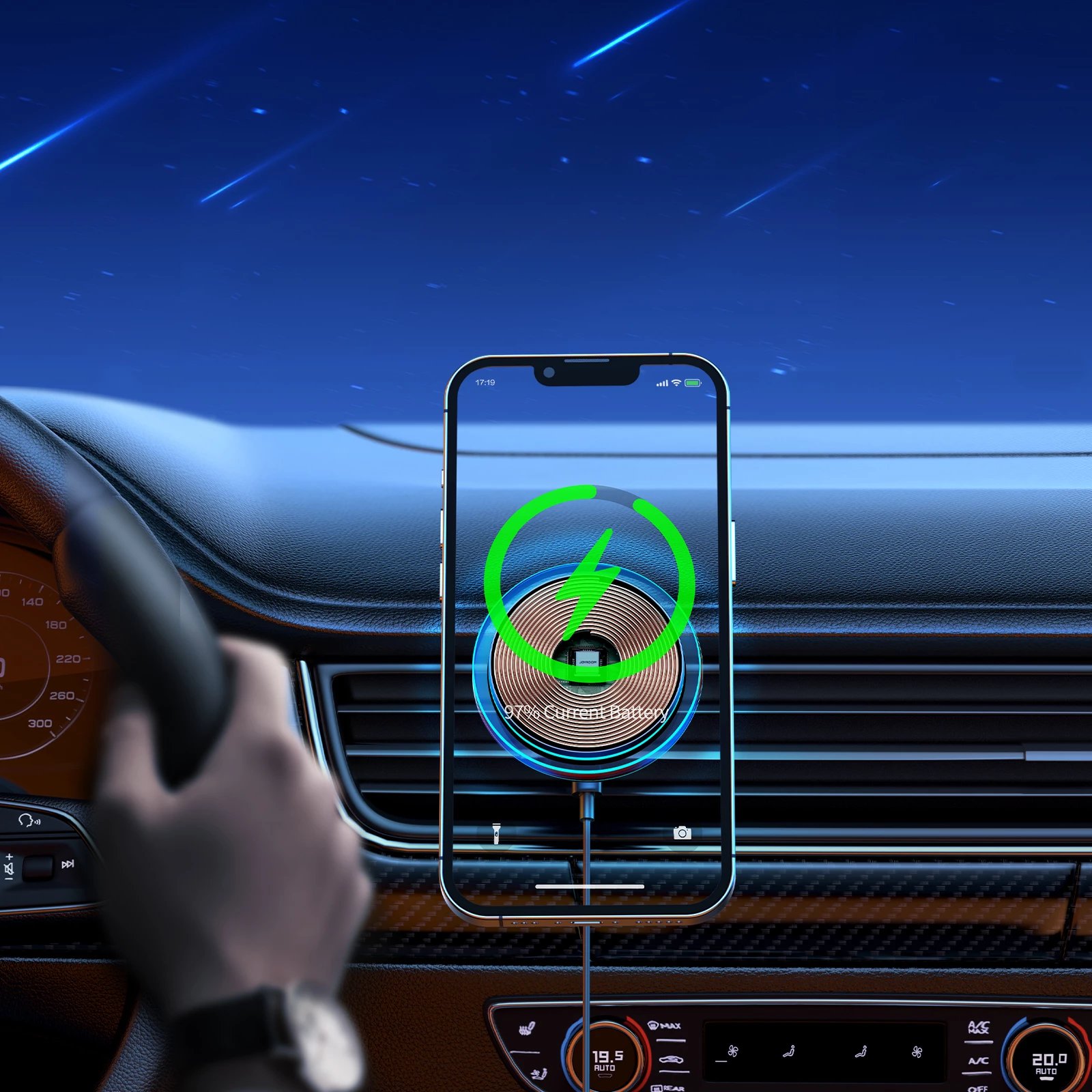 Mbajtëse makine për celular me karikues wireless MagSafe 15W, Joyroom JR-ZS291, për grilë ajrimi, me rrotullim 360°, me kabllo USB-A në USB-C, argjendtë