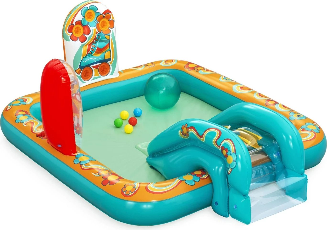 Qendër loje dhe pishinë fryrëse Bestway Retro Groove për fëmijë, 1.93 m x 1.52 m x 74 cm, shumëngjyrëshe