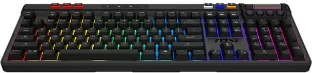 Tastierë MSI STRIKE PRO W SILENT US mekanike, tri-mode 2.4 GHz/Bluetooth/USB, RGB me tast për tast, hot-swap 5-pin, keycaps PBT, rrotë e mençur, bateri 4200 mAh, me mbështetëse kyçi, e zezë