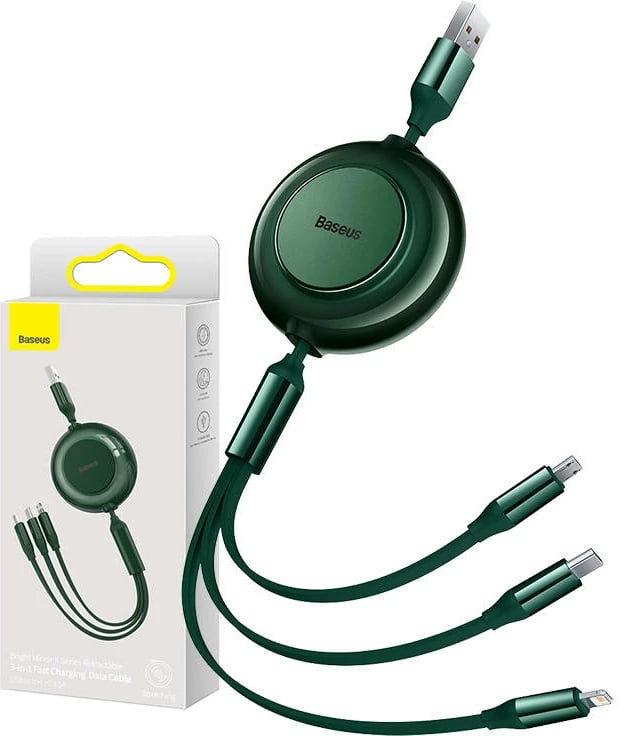 Kabllo 3-në-1 Baseus Bright Mirror 2, 1.1m, USB në Micro USB/USB-C/Lightning, e gjelbër