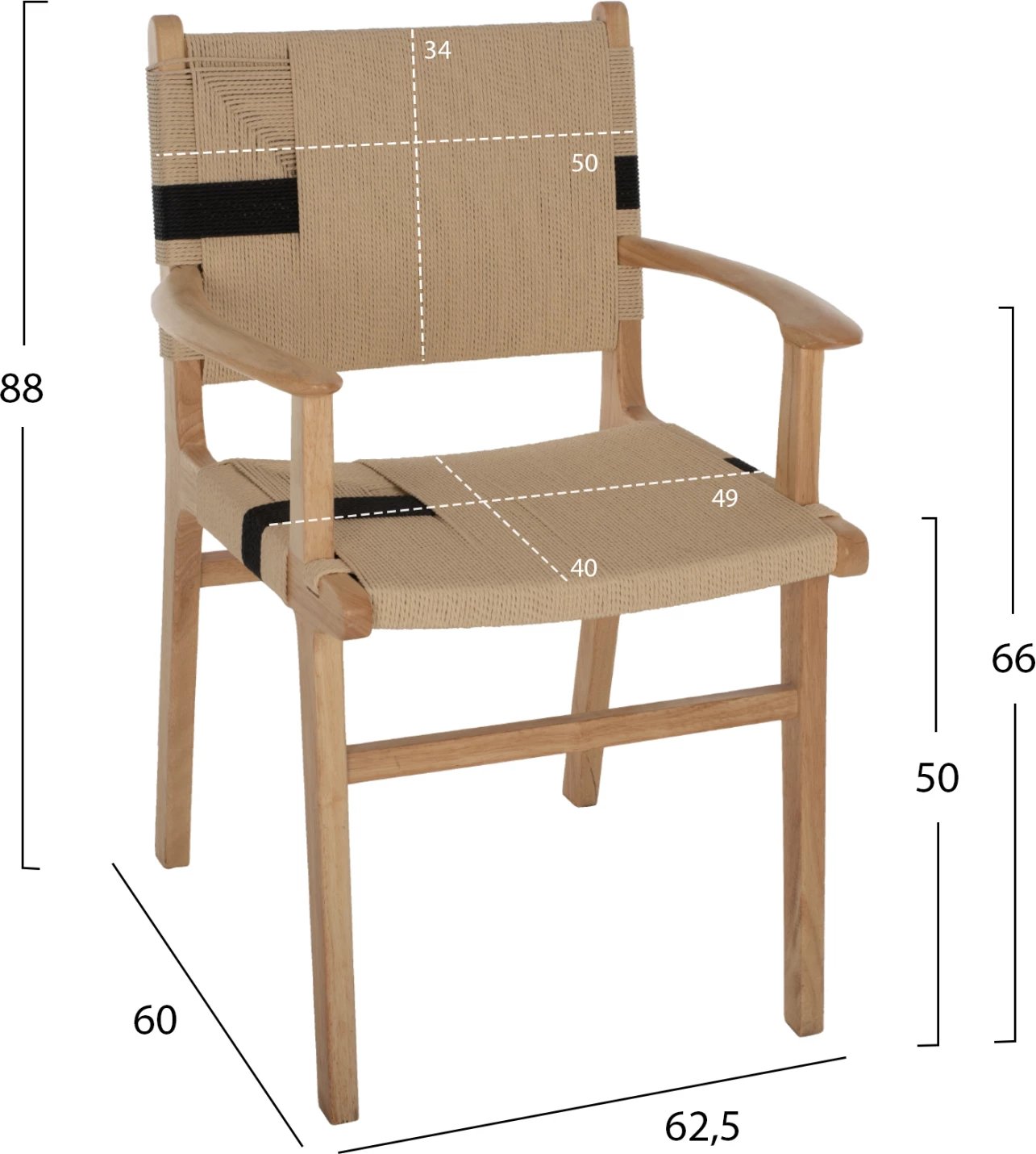 Karrige pa krahë, dru gome dhe litar, 62,5x60x88 cm, FH9324.01