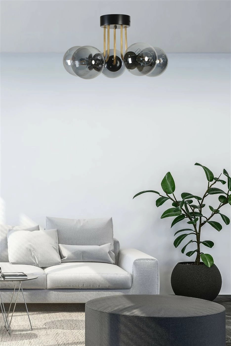 Llambë tavani Opviq Pablo, 5 drita, metal i zi, xham fume