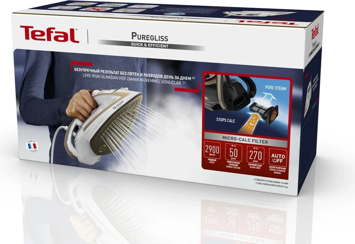 Hekur Tefal Puregliss FV8042, 3000 W, Durilium AirGlide Autoclean, Bardhë/Bronzi