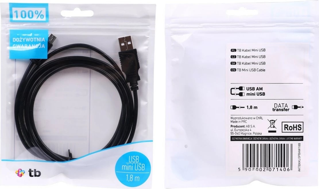 Kabllo USB TB AKTBXKU3PBAW18B, 1.8m, Mini USB, e zezë