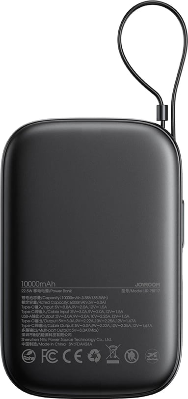 Powerbank Joyroom JR-PBF17 10000mAh 22.5W me kabllo USB-C të integruar + kabllo USB-C 25cm, e zezë