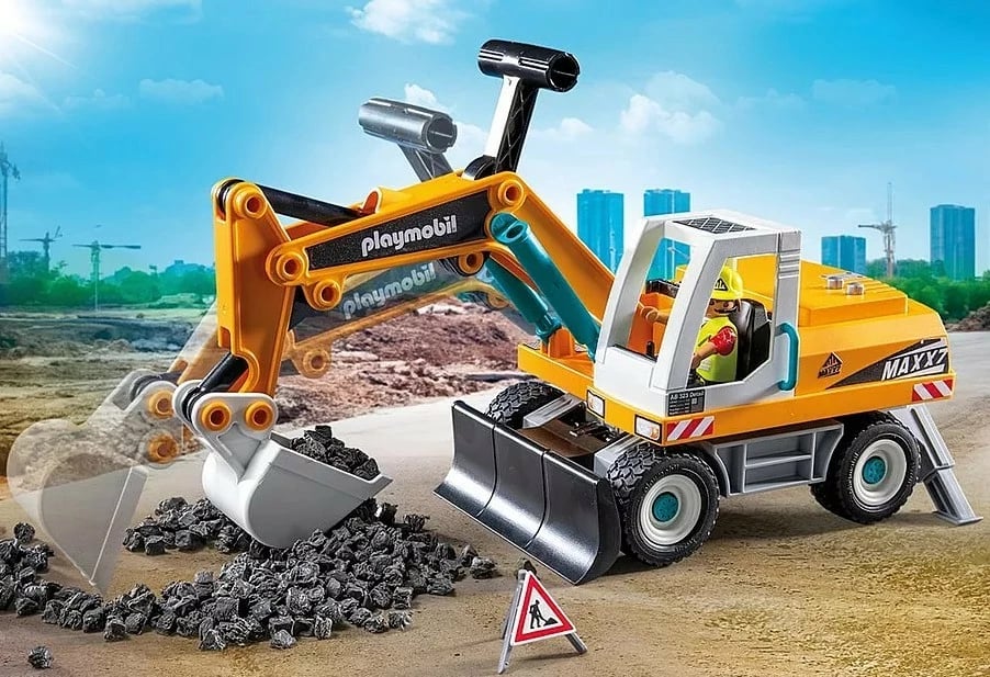 Set lodrash Playmobil Action Heroes 71749, ekskavator i madh me figurë dhe aksesorë, 32 pjesë