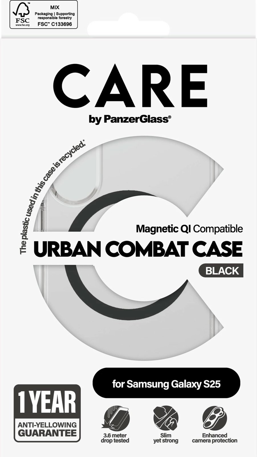 Mbështjellës PanzerGlass CARE Flagship Case, për Samsung Galaxy S25, transparent me detaje të zeza, QI compatible