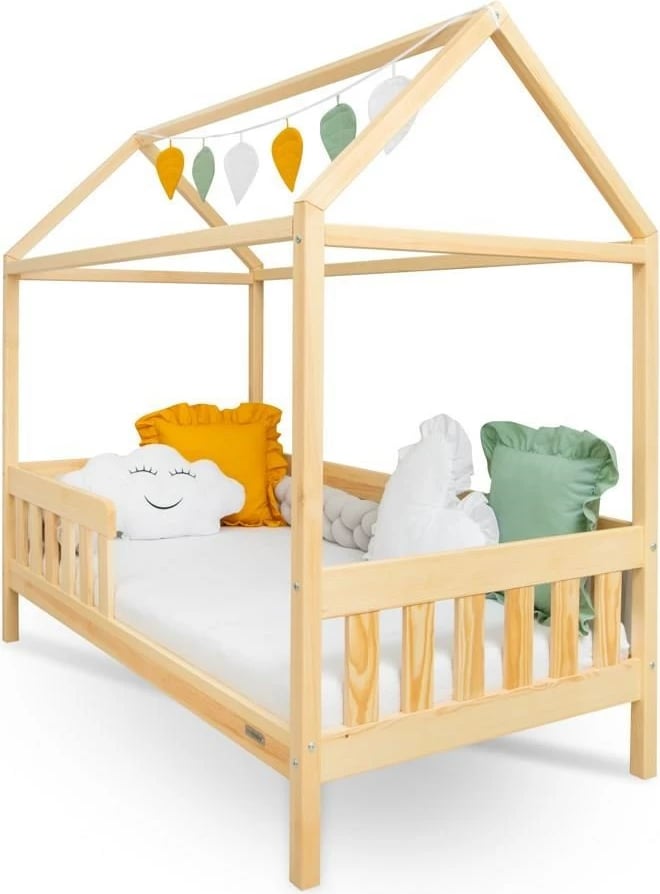 krevat shtëpizë për fëmijë, New Baby CASTELLO, 160x80 cm, me mbrojtëse dhe bazë me letvica, natyral