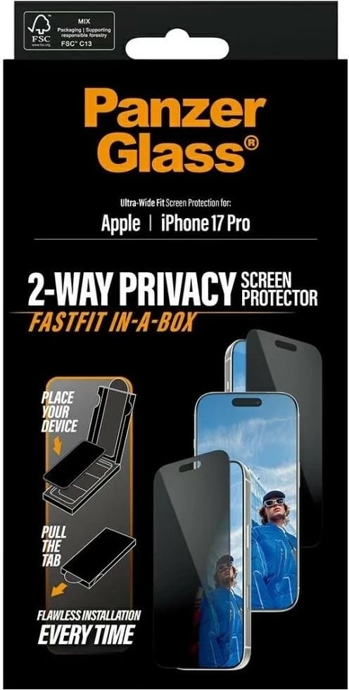 Mbështjellës PanzerGlass Ultra-Wide Fit Fastfit për iPhone 17 Pro, privacy glass, e zezë