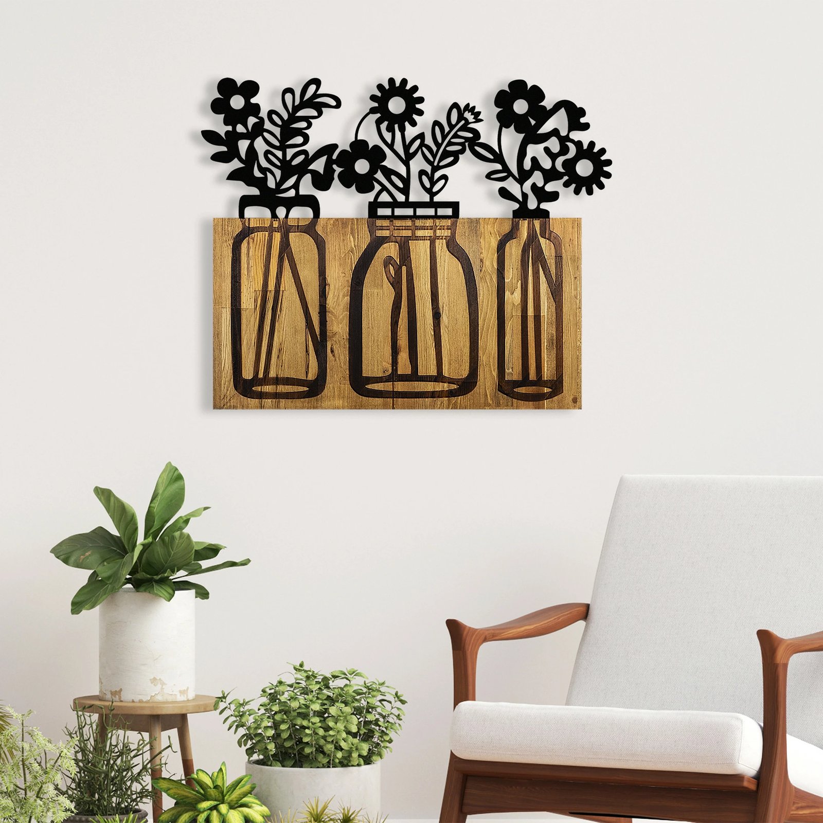 Aksesor dekorativ prej druri për mur, Wallity, Flower 5, ngjyrë arre dhe e zezë, 65x3x52cm