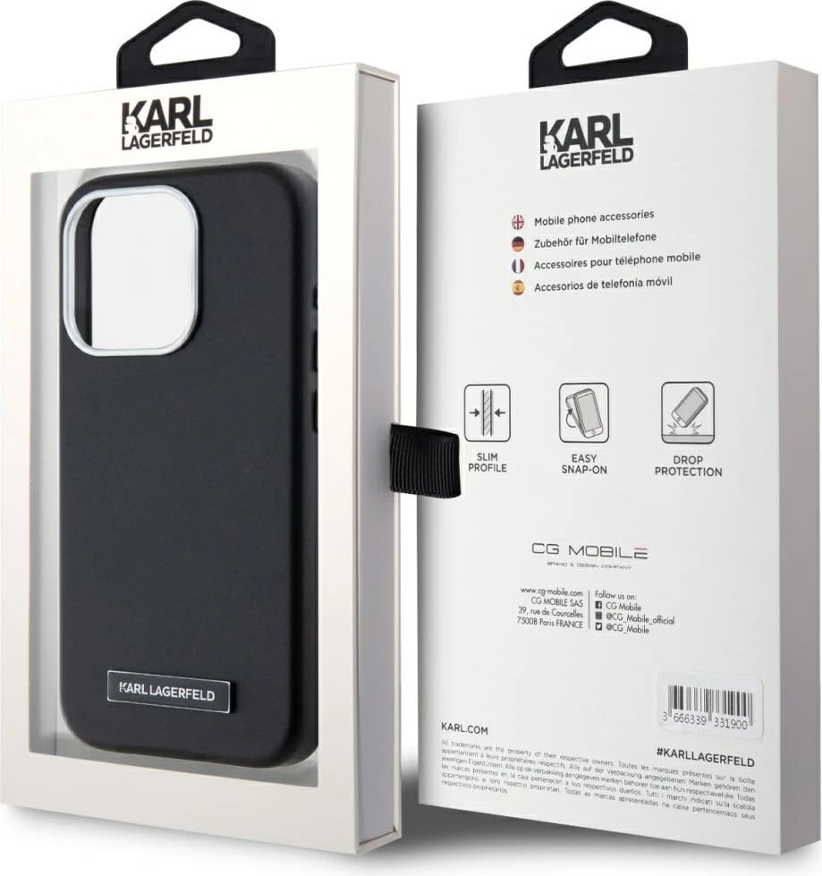 Mbështjellës Karl Lagerfeld FW Metal Plate MagSafe për iPhone 15 Pro, i zi