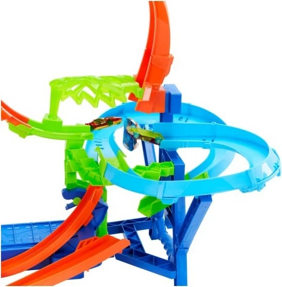 Set pistash Hot Wheels Air Crash, JFD12, me makinë 1:64, Blu/Portokalli/Gjelbër