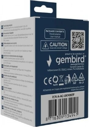 adapter udhëtimi rryme, Gembird A-AC-UKMINTF, World → UK, 10A, prizë G e tokëzuar, e bardhë
