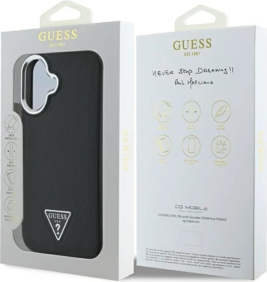 Mbështjellës Guess Grained Triangle MagSafe për iPhone 16 Plus 6.7", i zi, hardcase