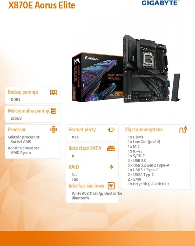 Pllakë amë Gigabyte AORUS X870E ELITE X3D Socket AM5 DDR5 4 DIMM 4x M.2 PCIe 5.0 USB4 HDMI Wi‑Fi 7 ATX